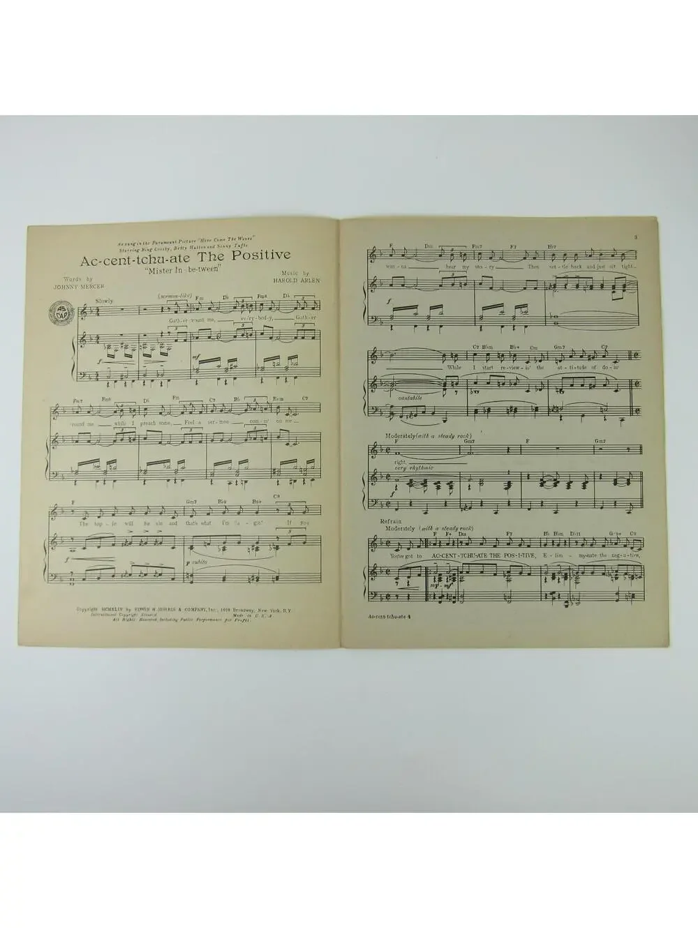 Sheet Music Accentuate Ac-Cent-Tchu-Ate the Positive Bing Crosby, Hutton 1944